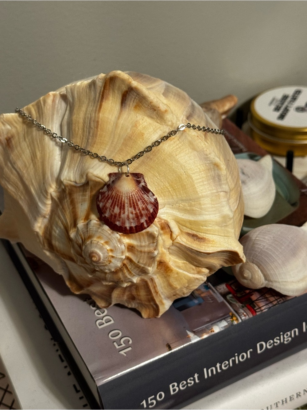 Calico Seashell Pendant Necklace - Red, Cream, & White Shell